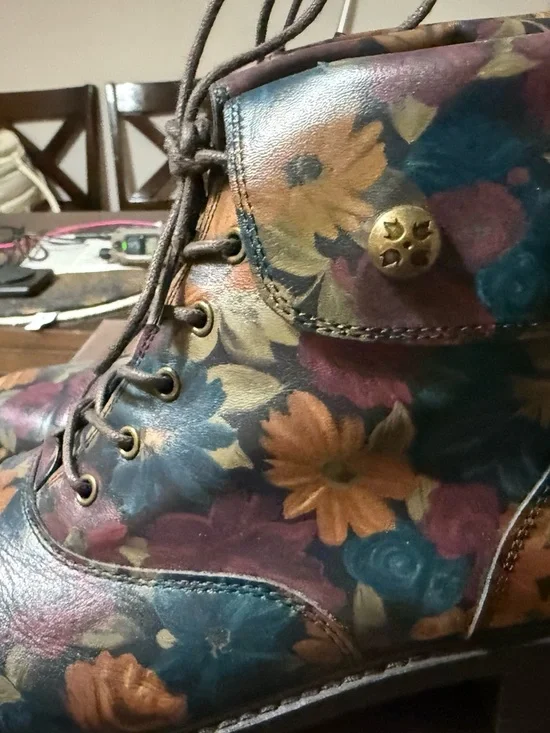 Patricia Nash Floral Leather Lace-Up Ankle Boots in Blue, Brown & Gold Tones - Picture 4 of 10